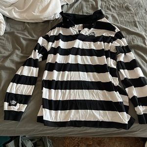 Black and white striped lurking class collared long sleeve shirt